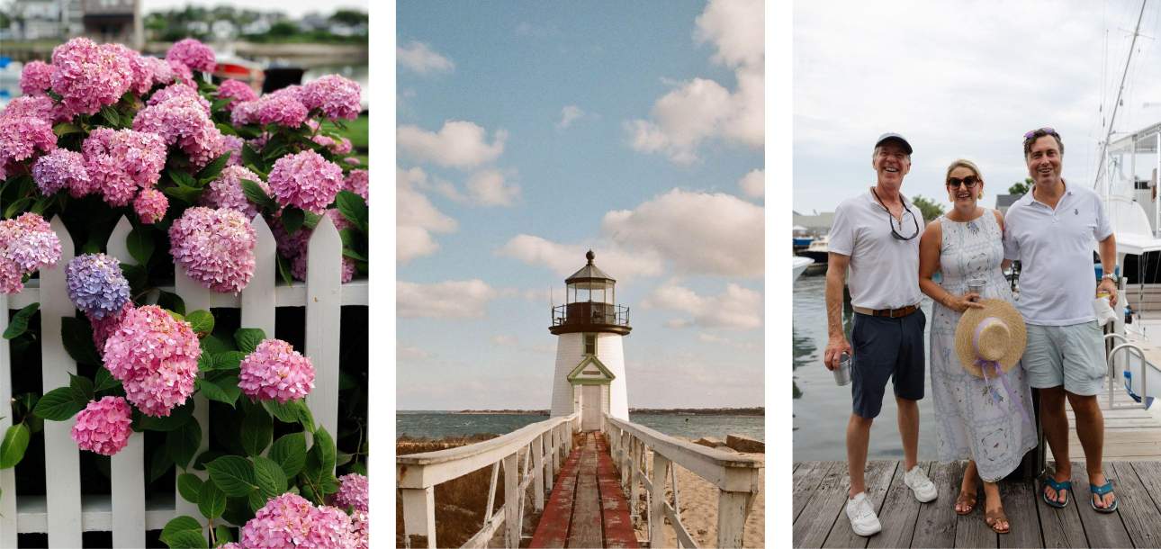 3 Images of Nantucket: Pink and purple hydrangeas, Great Point Lighthouse, and Co-founder Will Massie on a dock in Nantucket with dear friends