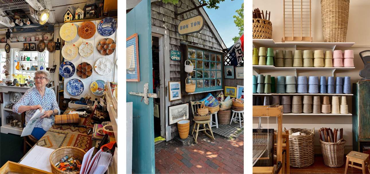 3 Images of Shops in Nantucket. First two images are of Bon Ton and the third image is of Nantucket Looms.