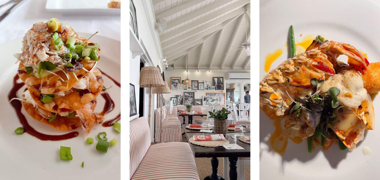 3 Images of food and a restaurant in the Bahamas. From left to right - The Landing Stone Crab Stack, The Dunmore Dining Room, Rock House Grilled Bahamian Lobster Tail