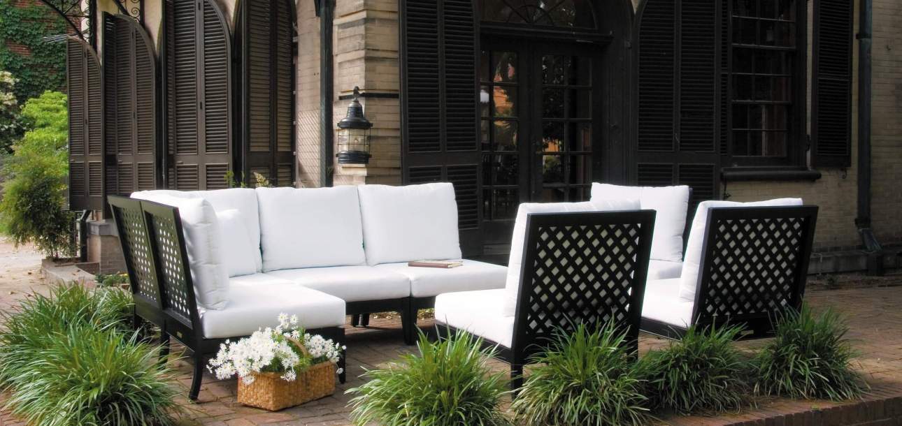 Armless duVal Furniture placed in a courtyard