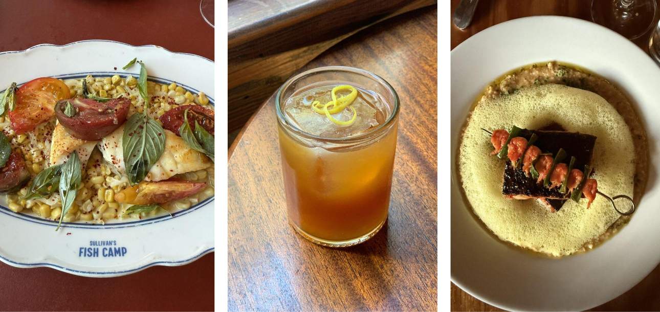 Images of a dish from Fish Camp, a cocktail from Husk Bar, and a dish from Vern's in Charleston, SC