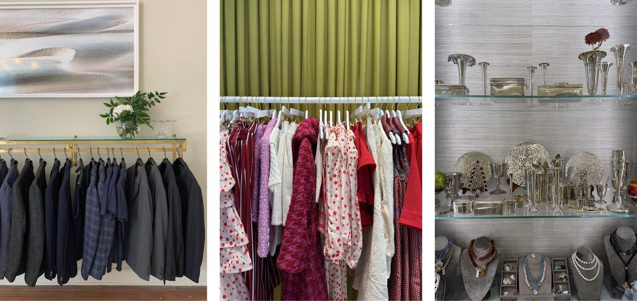 Images of clothing rack at Billy Reid and Buru, and jewelry at Croghan's in Charleston, SC