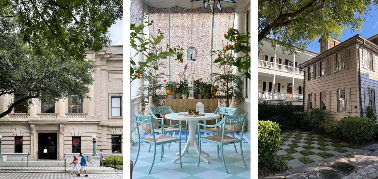 3 Images of: The exterior of Gibbes Museum of Art, 2024 Charleston Showhouse (Design by Aldous Bertam, Photo by Blake Shorter), and South of Broad exterior