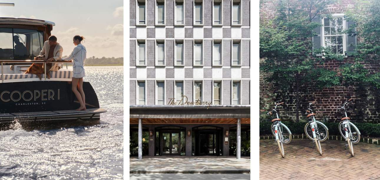 Images of The Cooper, The Dewberry, and Zero George hotels in Charleston, SC