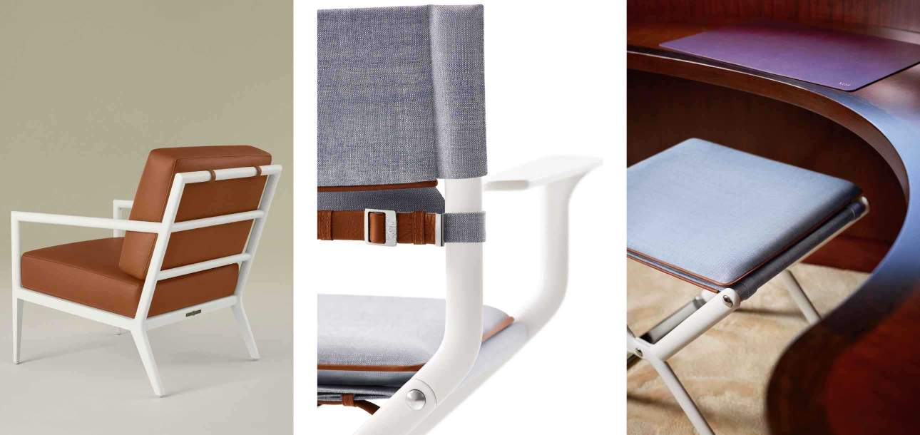 3 Images Left to Right: Classic white aluminum outdoor lounge chair featuring Foglizzo cognac brown leather seat and back cushions; Close-up of a classic white Scount dining armchair frame showcasing grey fabric upholstery with brown leather Foglizzo trim, buckle accent, and leather-piped cushion; Classic White McKinnon and Harris Scout aluminum folding stool with a grey cushion and Foglizzo cognac leather trim tucked beneath a rich curved wooden desk.