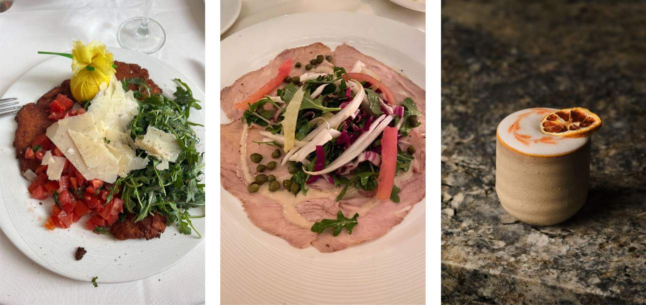 Image of food at BiCE Ristorante and a cocktail at Buccan