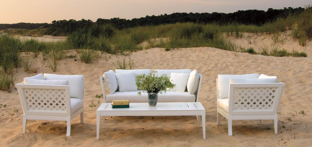 McKinnon and Harris duVal lounge furniture and Wyatt Coffee Table on the beach dunes