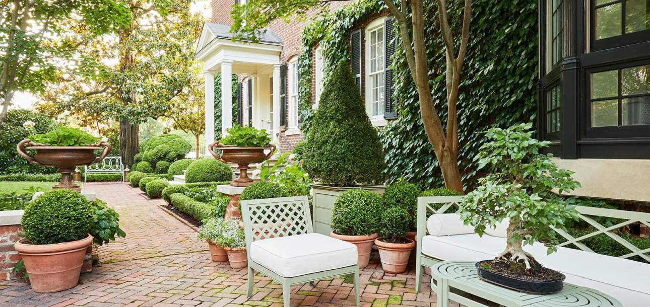 Image of duVal Armless Club Chair, Pavilion Sofa and Coffee Table with a Bonsai Tree on it in McKinnon and Harris co-founder Will Massie's home garden in the Fan, Richmond, Va