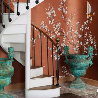 Image of stairs and wall paper in de Gournay Paris Showroom