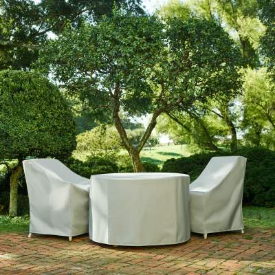 McKinnon and Harris furniture with protective covers on a stone terrace
