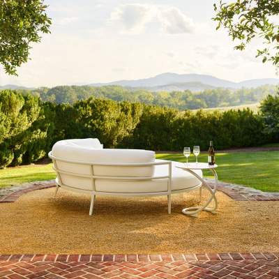 McKinnon and Harris deCamp Lune Sun Bed and Infini Side Table overlooking Virginia mountains