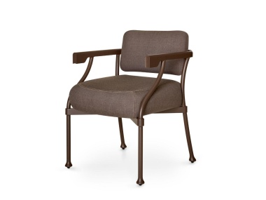 McKinnon and Harris Bastille Dining Arm Chair in Jura Peat finish with upholstered seat and back cushions in Piume Bonxie performance fabric.
