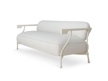 Bastille Sofa with optional luggage stitching Shown in York River Oyster with La Dolce Vita Moon Fabric