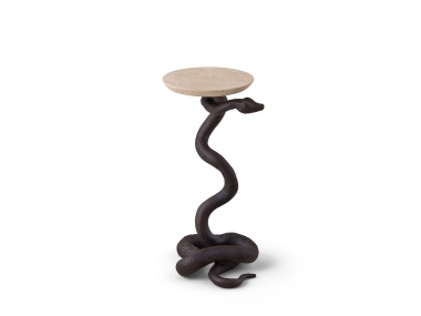Ophidian Side Table shown in Aegean Bronze Patina with Galala Classico Limestone Natural Stone Top on a white background