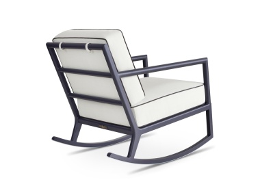 deCamp Rocking Chair Shown in Sorghum Black with Cielo Pelican Fabric and Piume Brahma Hen Welt