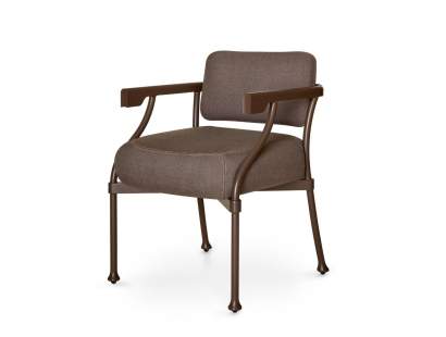 McKinnon and Harris Bastille Dining Arm Chair in Jura Peat finish with upholstered seat and back cushions in Piume Bonxie performance fabric.