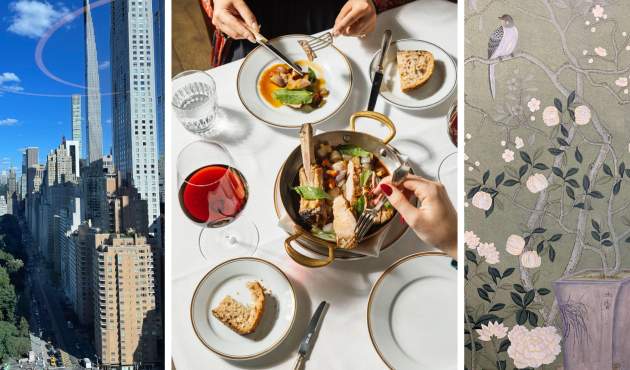 Images Left to Right: Image 1: Aerial view looking over Central Park towards Midtown Manhattan skyscrapers under a bright blue, clear sky.  Image 2: Top-down view of a dining table spread with a copper pan of braised meat, plated appetizers, bread, a glass of red wine, and hands holding a fork and knife.  Image 3: Close-up of hand-painted floral wallpaper featuring delicate pink peonies, birds, and a central potted plant in a lavender vase against a sage green background.