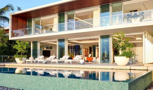McKinnon and Harris deCamp and Couper Collections poolside at a modern home in Miami Florida. Design by Ingrao.