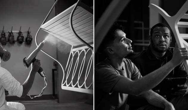 McKinnon and Harris craftspeople powder coating (let image) and inspecting furniture (right image)