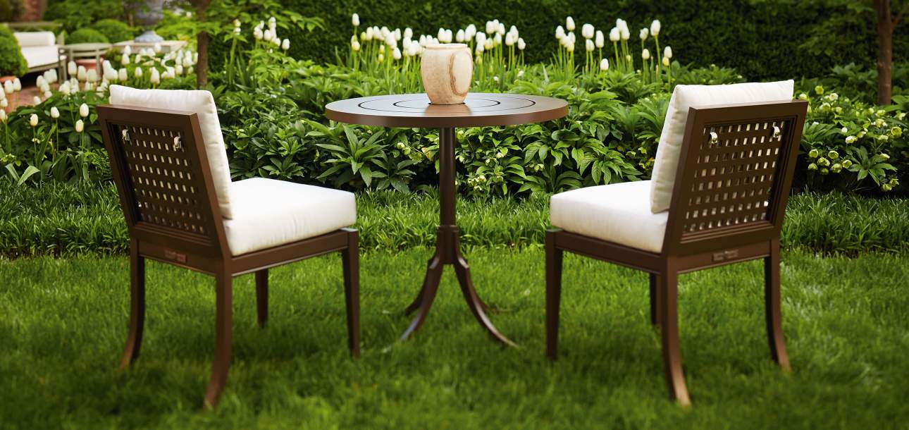 McKinnon and Harris duVal Petite Dining Chairs and Feolin Round Cafe Table finished in Jura Peat