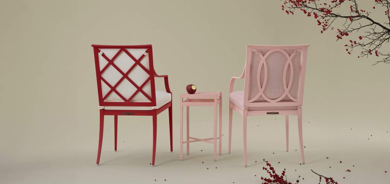Otey Dining Arm Chair Shown in Stayman Red, Buie Dining Arm Chair and Hepplewhite Peanut Table Shown in Parigi Pink