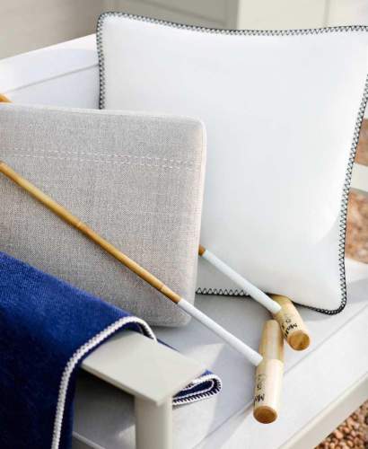 Custom Throw Pillows and Outdoor Performance Blanket on a Couper Club Chair with Croquet Mallet