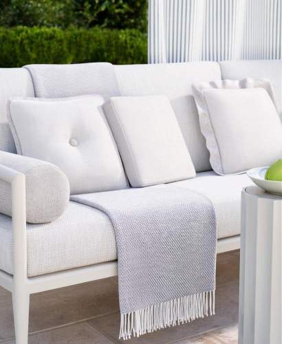 deCamp Sofa with Custom Throw Pillows and Outdoor Blanket in Light Gray with Fringe
