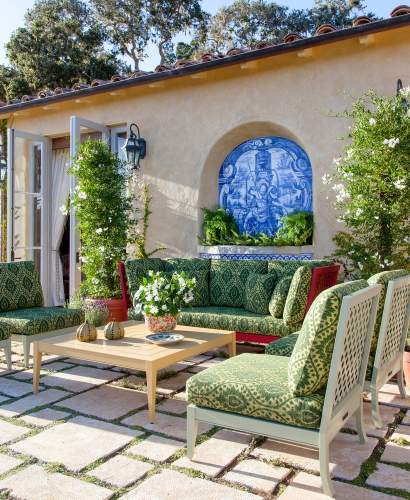 McKinnon and Harris duVal Sectional Ensemble and Wyatt Square Coffee Table on a terrace designed by Juan Pablo Molyneux