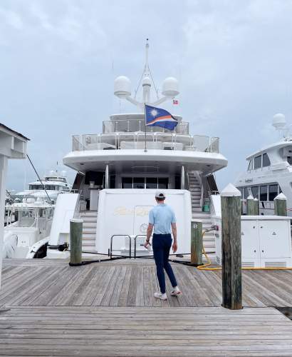 Image of a dock with a yacht pulled up to it at Valentines Resort and Marina