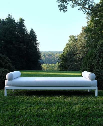 Couper Backless Bench in a backyard overlooking the mountains