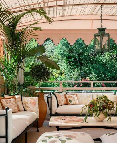 Thirza Grotta Sofa at deGournay LA rooftop, Shown in Tappahannock Green with La Dolce Vita Daylight Fabric, Photos by Alexandra Shamis