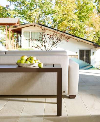 McKinnon and Harris Peristyle Sofa with Parsons Console Table finished in Jura Peat