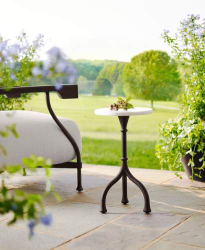 Bastille Club Chairs and Side Table, Shown in Natural Bronze with Calacatta Michelangelo Extra Natural Stone Top by Marmi