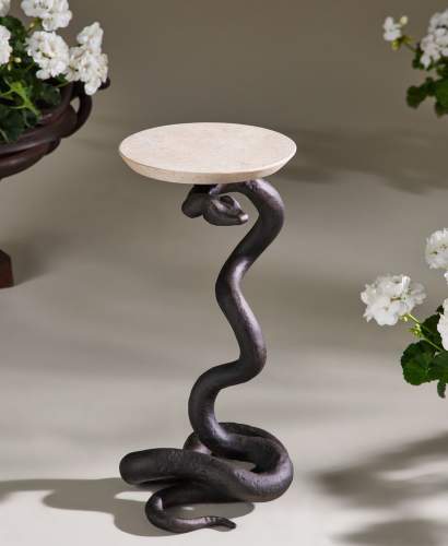 Ophidian Side Table, Shown in Aegean Bronze Patina with Galala Classico Limestone Natural Stone Top by Marmi