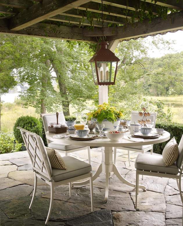 McKinnon and Harris Otey Dining Chairs and Tangier Round Dining Table with a breakfast set up. Design by Cathy Kincaid Interiors.