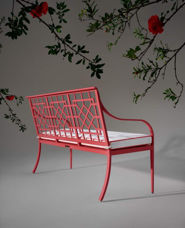 Iznik Ottoman, Shown in Poinciana Coral with Piume Scarlet Ibis Fabric