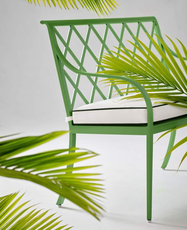 Virginia Bench with Otey Back finished in Majesty Palm green and styled with palm tree leaves