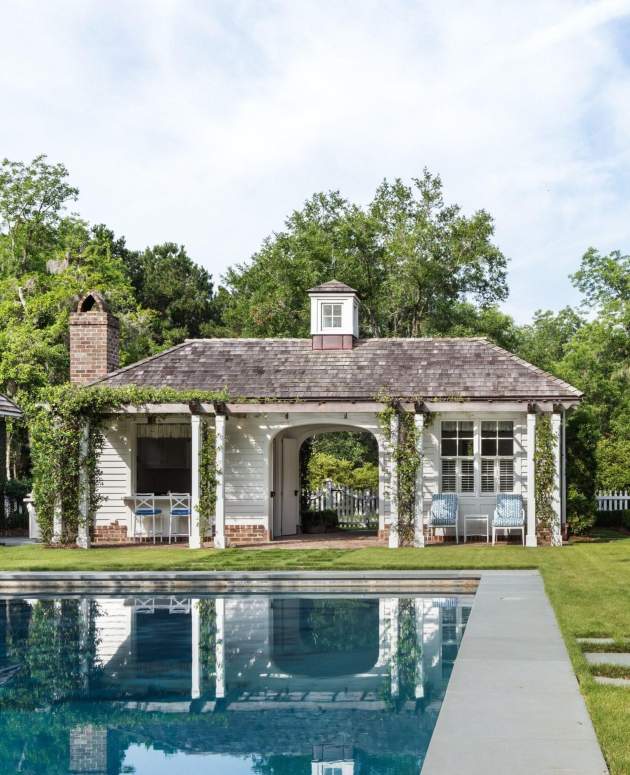 McKinnon and Harris furniture next to a poolhouse at a home in South Carolina.