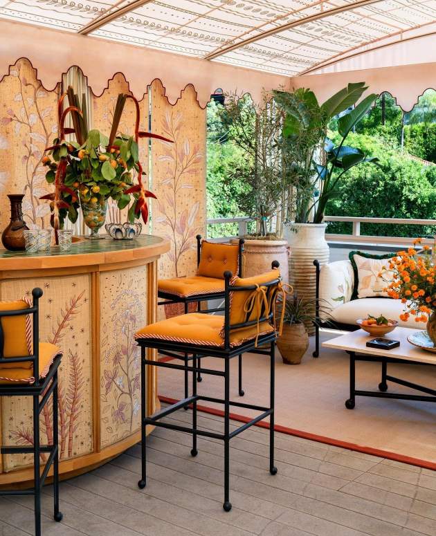 Thirza Tall Chairs around a curved bar at the deGournay LA rooftop, Shown in Tappahannock Green