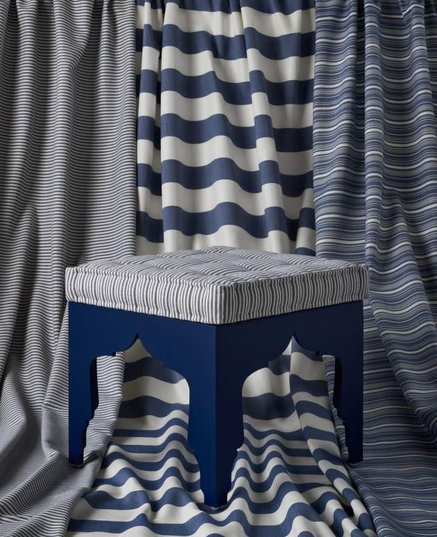 Iznik Ottoman in Marrakech Blue with Saltwater Stripe Afropavo Performance Fabric Cushion