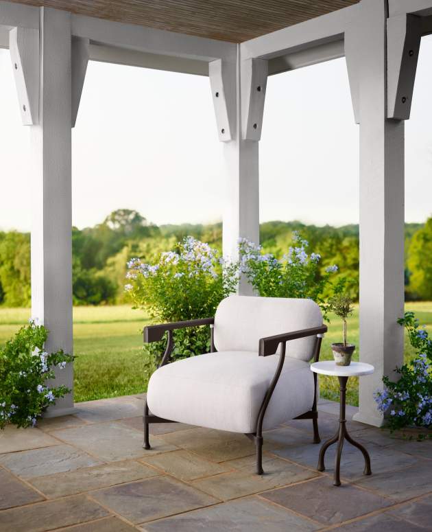 Bastille Club Chair and Side Table shown in Natural Bronze with La Dolce Vita Feather Fabric