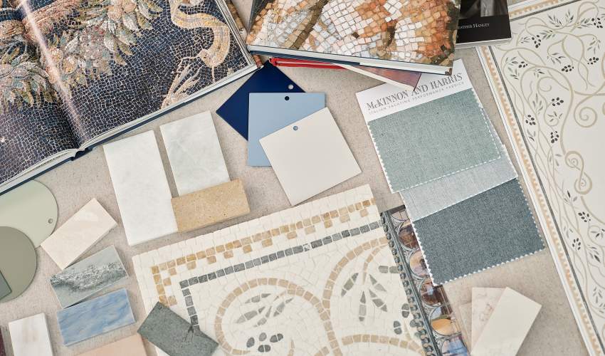 Flat lay of creative items for McKinnon and Harris Parsons Coffee Table with New Ravenna Mosaic Tile