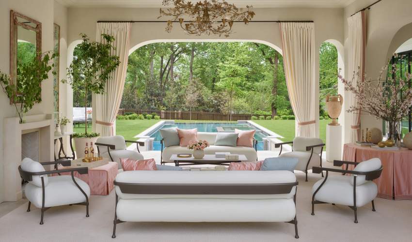 McKinnon and Harris Bastille collection finished in a daark finish color with light fabric, shown at the Atlanta Homes & Lifestyles Showhouse. Design by Suzanne Kasler, Photo by Emily Followill