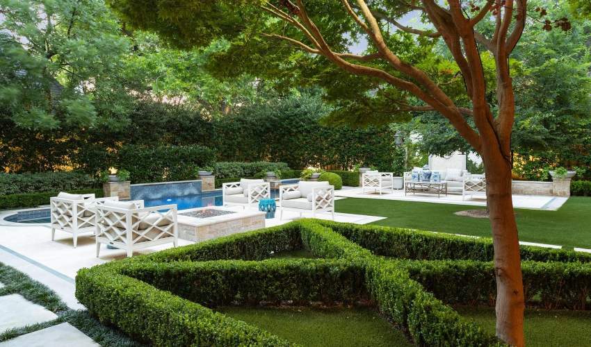 Pavilion VI Club Chairs around a fire pit poolside. Landscape by From The Ground Up Landscape, Photos by Costa Christ
