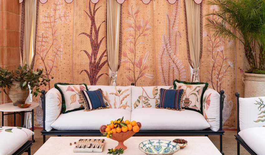 Thirza Grotta Sofa at deGournay LA rooftop, Shown in Tappahannock Green with La Dolce Vita Daylight Fabric, Photos by Alexandra Shamis