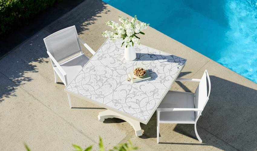 Fayette Yacht Dining Arm Chairs with Albemarle Dining Table with 45” Square Mosaic Top in Marabel with Honed Thassos and Polished Carrara