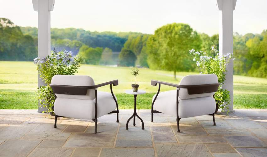 Bastille Club Chairs and Side Table, Shown in Natural Bronze with Calacatta Michelangelo Extra Natural Stone Top by Marmi