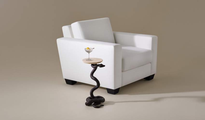 Ophidian Side Table, Shown in Aegean Bronze Patina with Galala Classico Limestone Natural Stone Top by Marmi