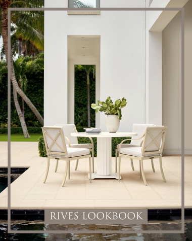 Rives Dining Chairs poolside next to a modern home